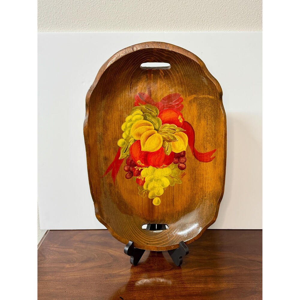 1950s Hand Painted Fruit Wood Serving Tray Vintage Kitchen Decor